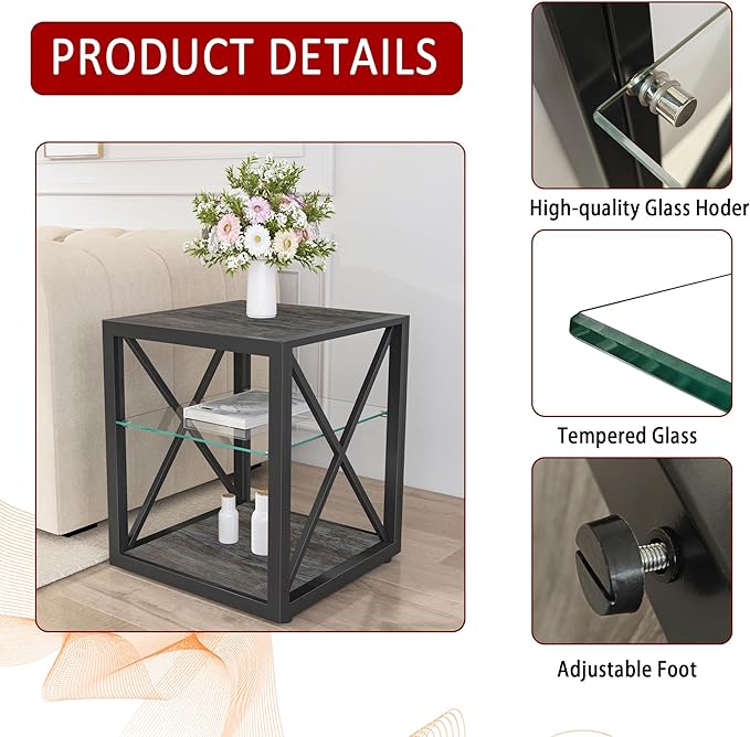 Rustic Coffee Table Set of 3, End Table Mordern Living Room Table Set with Tempered Glass Top Splicing Wood MDF, Black Metal Frame Industrial Style, Grey