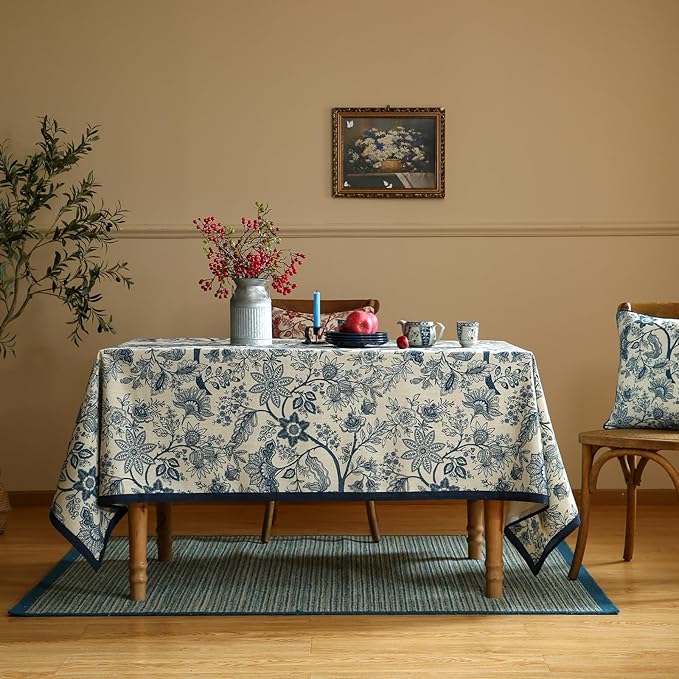 Designer French Linen Small Rectangular Tablecloth,Blue Floral Washable Indoor Table Cloth,Durable Home Decor Tablecloths for Dining Thanksgiving Kitchen Party Christmas,55"*71"-Ruyi B
