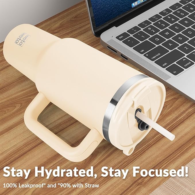 WETOWETO 40oz Tumbler with Handle | Insulated Stainless Steel Travel Mug | 34Hrs Cold & 10Hrs Hot Retention | 100% Leakproof Lid & Straw | Dishwasher Safe + Car Cup Holder Fit (Cream Color)