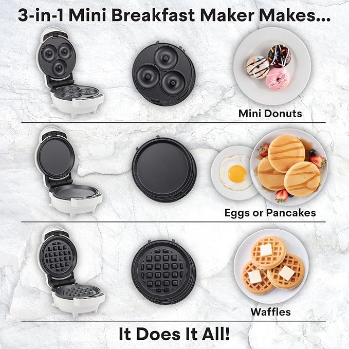 MasterChef 3-in-1 Mini Holiday Breakfast Maker- Make Eggs Pancakes Donuts Waffles & More in 1 Easy to Use Appliance! 3 Removable NonStick Cooking Plates for Quick Cleaning Storing- Compact Cooker Gift