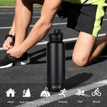 HASLE OUTFITTERS 40oz Stainless Steel Water Bottle, Vacuum Insulated Double Walled Leak Proof Sports Water Bottle with 2 Lids (Straw and Spout Lid) Thermo Mug Keep Cold and Hot(Black,1)