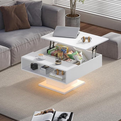 White 30.7" Lift Top Coffee Table with Storage, Square Led Coffee Table with Large Hidden Storage, Wood Living Room Table Led Center Table for Dining Reception Room