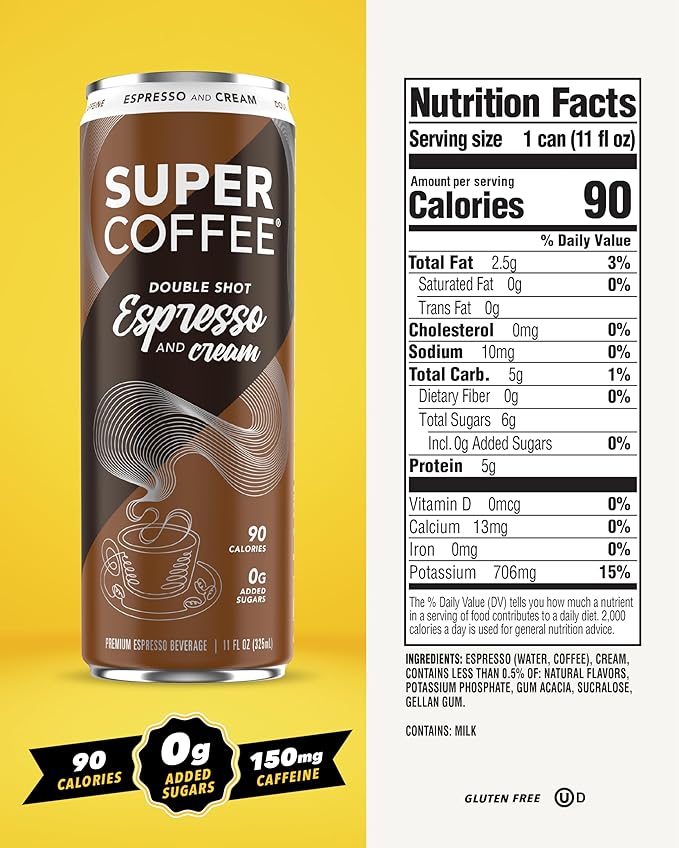 SUPER COFFEE Espresso, Iced Keto Coffee (0g Added Sugar, 90 Calories) [Espresso & Cream] 11 Fl Oz, 12 Pack | Iced Smart Coffee - SoyFree GlutenFree