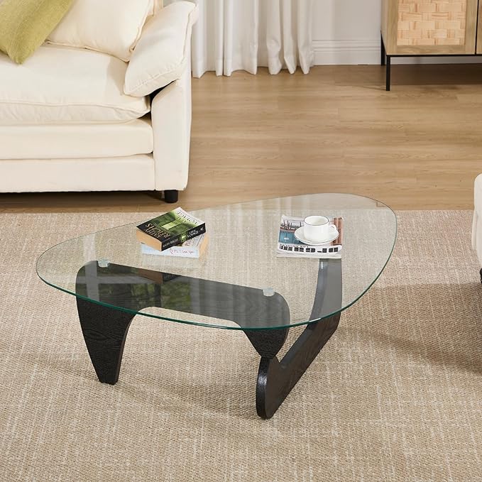 Modern Noguchi Coffee Table, Triangle Coffee Table with Tempered Glass Modern Vintage Glass Tea Table Wood Glass Accent Center Table for Living Room, 44.5”x32”x16.5”, Black Transparent