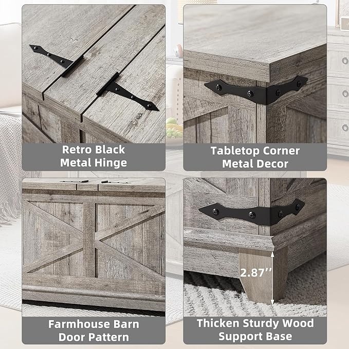 Farmhouse Coffee Table with Hidden Storage Organizer, Modern Square Large Center Table, Wood Farm House Low Rustic Light Oak Living Room Tables with Hinged Lift Top for Home, Office