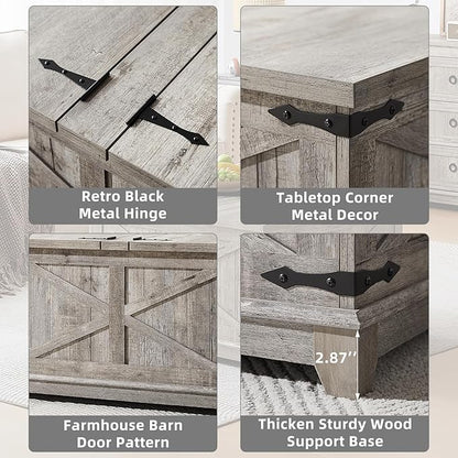 Farmhouse Coffee Table with Hidden Storage Organizer, Modern Square Large Center Table, Wood Farm House Low Rustic Light Oak Living Room Tables with Hinged Lift Top for Home, Office