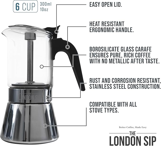 London Sip Glass and Stainless Steel Stovetop Espresso Maker Moka Pot Italian Coffee Percolator, Glass, Medium (10.14 oz)