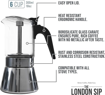 London Sip Glass and Stainless Steel Stovetop Espresso Maker Moka Pot Italian Coffee Percolator, Glass, Medium (10.14 oz)