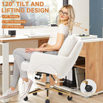 Load image into Gallery viewer, Flannel Office Chair Vanity Chair Comfy Home Office Desk Chairs with Lumbar Support, Modern Plush Fabric Desk Gold Legs Swivel Task for Home Office Bedroom Study White Upgraded Version