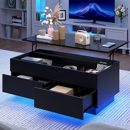 HOMMPA 40'' Lift Top Coffee Table, Black Coffee Tables with Storage for Living Room, LED Modern Coffee Table, Flip Top Center Table with 2 Drawers & Hidden Compartment, Lift Up Wooden Coffee Table