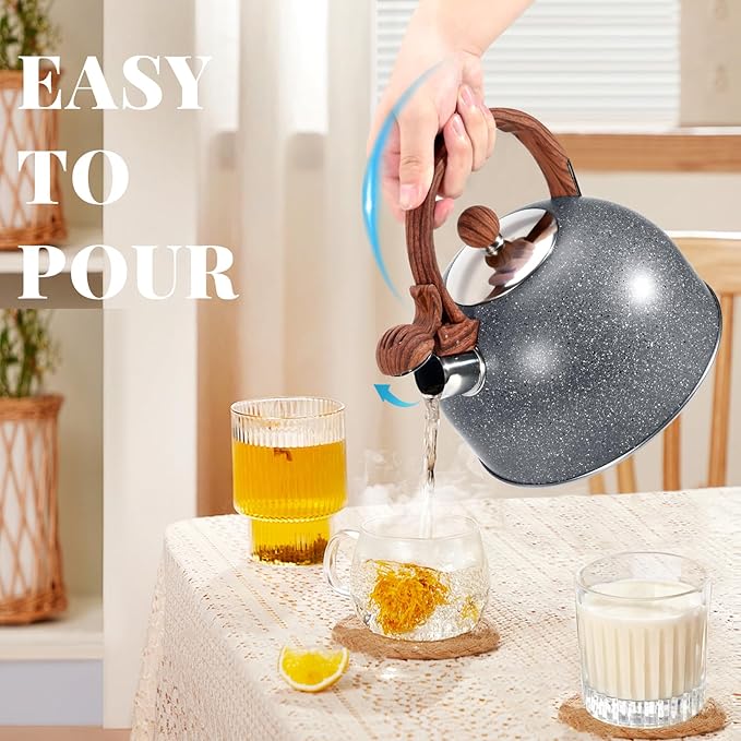GGC 2.7QT/3L Whistling Tea Kettles for Stove Top, Stainless Steel Tea Kettle with for Boiling Water Milik or Coffee, Starry Gray Tea Pots with Wooden Anti Heat Handle
