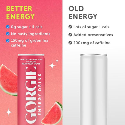 GORGIE Sugar Free Natural Energy Drinks, Sparkling Watermelon Crush (12 Pack) - Healthy Energy Drink - Natural Coffee Replacement with Green Tea Caffeine and Biotin, 150mg Caffeine, Vegan, Low Calorie