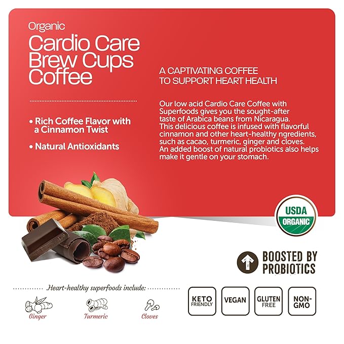 Cardio Care Organic Coffee Pods – Probiotic Coffee with Cacao, Ginger, Turmeric & Cinnamon – Healthy Superfood, Mold Free, Vegan, Gluten Free, everyday dose coffee - 10 Recyclable Single Serve K-Cups