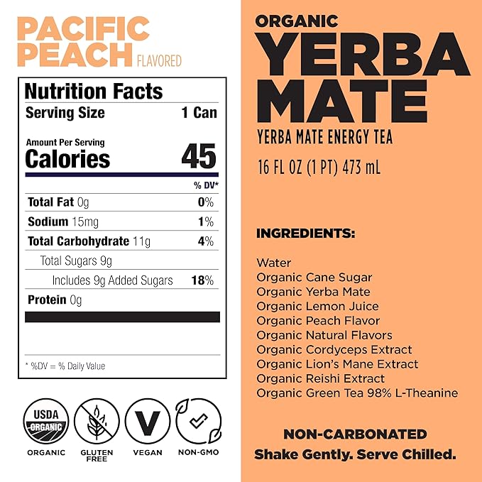 Daytrip Organic Yerba Mate Energy Drink- Clean, Plant Based Caffeine (200mg) with Adaptogenic Mushrooms and Green Tea for Focus and Brain Fog - Low Calorie, Low Sugar (12 Pack Case)