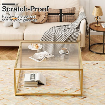 Glass Coffee Table Modern Center Table,Minimalist Coffee Table Sofa Side Tea Table for Living Room,Tempered Glass-top with Sturdy Metal Frame, Easy Assembly,26.4 x 26.4 x 15.7 Inches, Gold