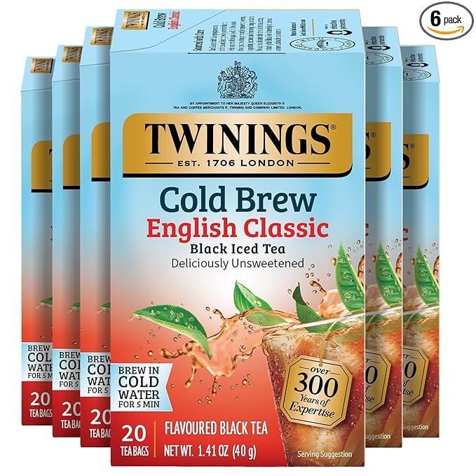 Twinings English Classic Cold Brew Iced Tea Bags, 20 Count (Pack of 6), Unsweetened Black Tea, Caffeinated, 120 Teabags
