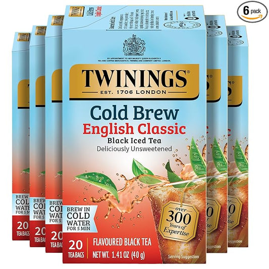 Twinings English Classic Cold Brew Iced Tea Bags, 20 Count (Pack of 6), Unsweetened Black Tea, Caffeinated, 120 Teabags