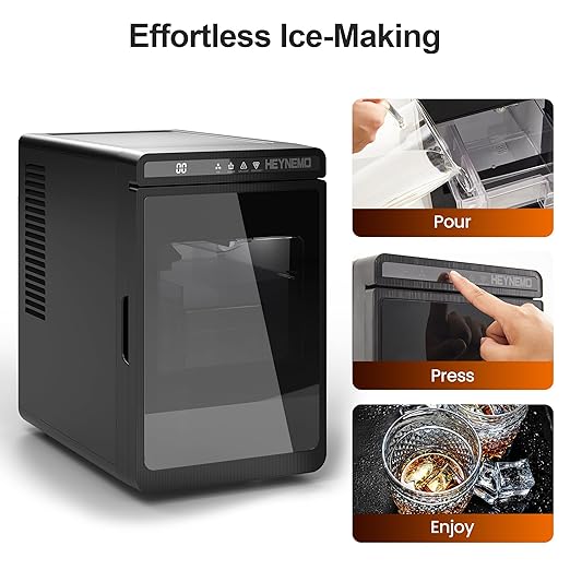 HEYNEMO Clear Ice Maker – Compact Countertop Ice Machine with 1.6" Square Ice Cubes, Fast 10-Min Ice Production, Self-Cleaning,LED Light & Timer，Portable Electric Ice Maker for Kitchen, Bar, RV, Black