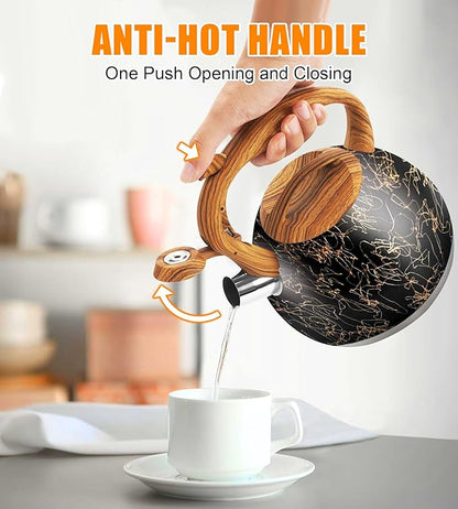 3.2Qt Whistling Tea Kettle for Stove Top, Food Grade Stainless Steel Wood Handle Teapot, Durable for Brewing Coffee, Tea, Milk, Suitable for All Heat Sources (Golden line)