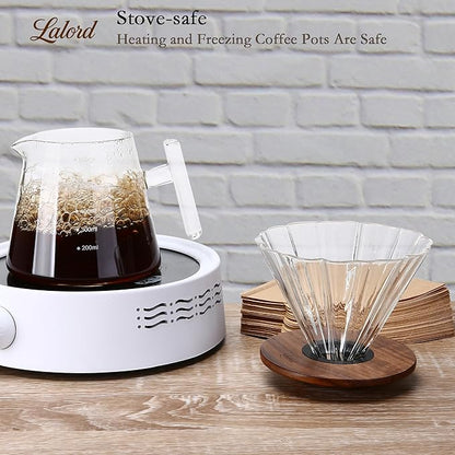 Pour Over Coffee Maker, 20 oz Borosilicate Glass Set with 100 pcs Paper Filter, Walnut Collar & Glass Lid, Drip Coffee Maker, 1-3 Cups, Clear, 600 ml(glass handle)