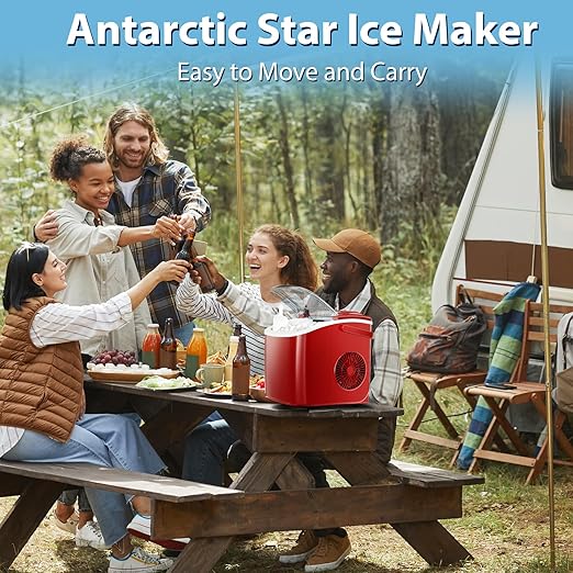 Antarctic Star Countertop Ice Maker Portable Ice Machine with Handle,Automatic-Cleaning Ice Makers, 26Lbs/24H, 9 Ice Cubes Ready in 6 Mins for Home Kitchen Party Bar Red