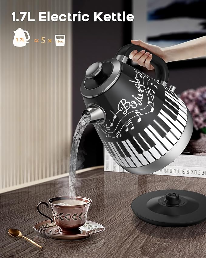 Artistic Electric Kettle with Hand-Applied Piano Keys and Music Note Stickers - 1.7L Stainless Steel Tea Kettle with LED Indicator, BPA-Free, 1200W Rapid Boil, Auto Shut-Off and Boil-Dry Protection