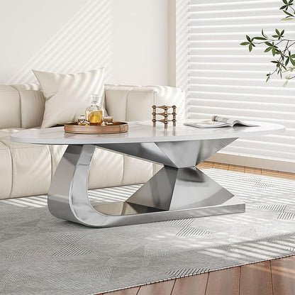 Modern Coffee Table with Silver Stainless Steel Pedestal,Oval Living Room Table with Faux Marble Top,Sintered Stone Cocktail Center Table Marble Grain,51.20inch