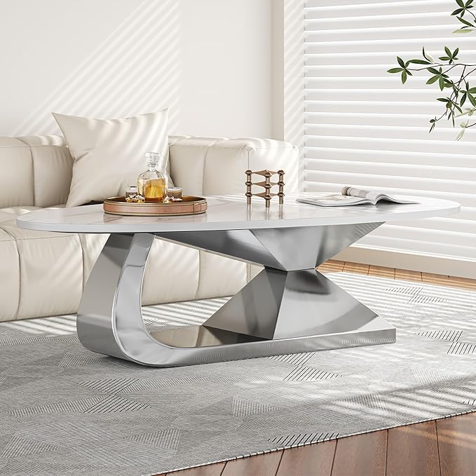 Modern Coffee Table with Silver Stainless Steel Pedestal,Oval Living Room Table with Faux Marble Top,Sintered Stone Cocktail Center Table Marble Grain,51.20inch