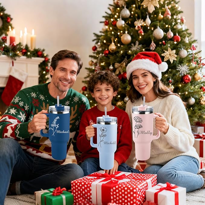 Ships Next Day,Birth Flower 40 Oz Tumbler with Handle and Straw, Personalized Tumbler with Name Insulated Cup Reusable Stainless Steel Water Bottle Travel Mug Christmas Birthday Gifts for Women