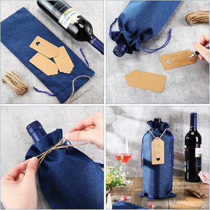 Windyun 100 Pcs Burlap Wine Bags Bottle Gift Sacks with Tags 5.9 x 13.8 Inch Jute Burlap Plain Wine Bags for Wedding Birthday Blind Tastings Christmas Travel Party (Royal Blue)