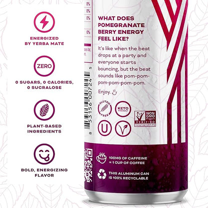 Yerbaé Energy Seltzer - Pomegranate Berry, No Sugar/Calories/Carbs. Energized by Yerba Mate, Naturally Caffeinated Plant-Based, Healthy Alternative to Coffee, Sugary Sodas, Pack of 12, 12oz cans