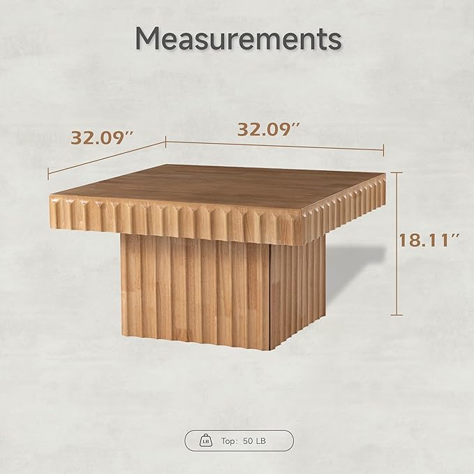 Modern Square Fluted Wood Coffee Table with Natural Oak Finish, Geometric Accent Table Chunk Table for Living Room, Sturdy Rectangular Minimalist Centerpiece, Brown, Farmhouse