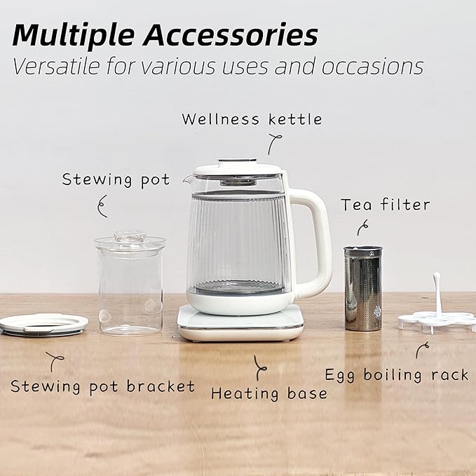 Health Pot, 1.5L Double-Layer Glass Electric Kettle with Stew Pot, 9-in-1 Multi-Function Tea Maker for Soup, Porridge, Herbal Tea, Stainless Steel Base, Glass Touch Panel, Programmable