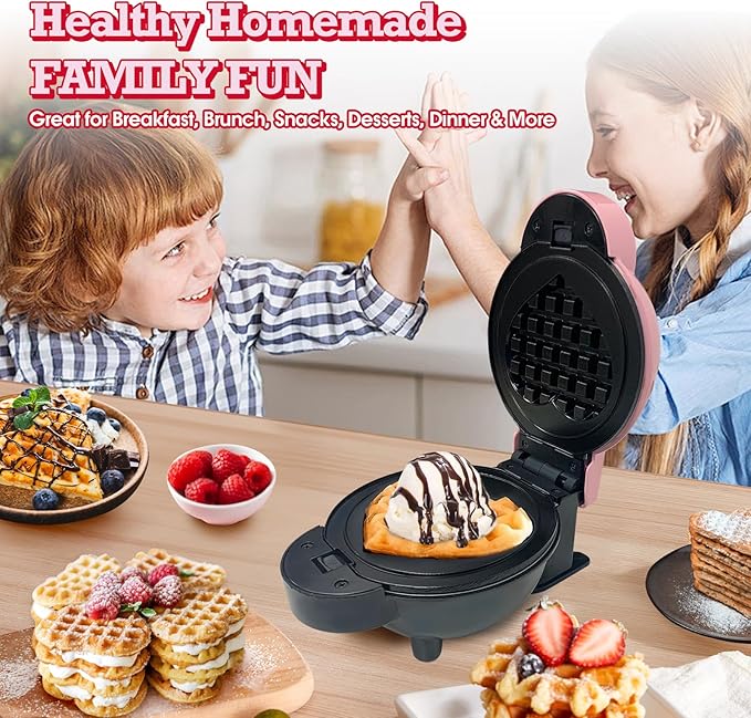 Mini Waffle Maker with 6 Removable Plates,Small Heart Waffle Maker Keto,3-in-1 Multi-plate set,Wafflera Iron for Kids Family&Individuals,4'' Non Stick Cooking Plates with Fast & Even Heating(Pink)