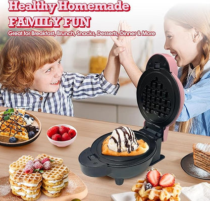 Mini Waffle Maker with 6 Removable Plates,Small Heart Waffle Maker Keto,3-in-1 Multi-plate set,Wafflera Iron for Kids Family&Individuals,4'' Non Stick Cooking Plates with Fast & Even Heating(Pink)