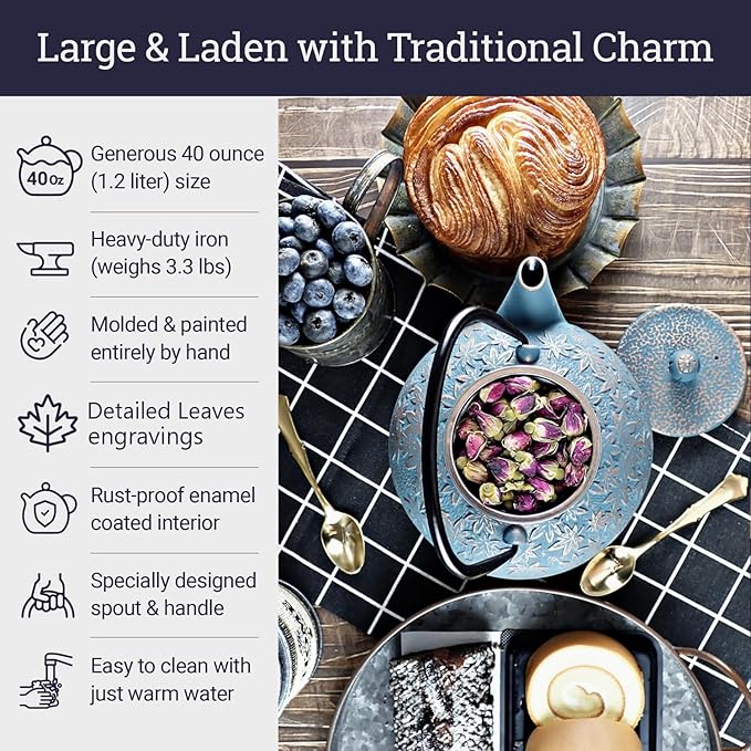 Large Japanese Cast Iron Teapot Capacity 40Oz with Trivet and Loose Leaf Tea Infuser, Cast Iron Tea Kettle Stovetop Safe. Tetsubin Coated with Enamel Interior - Blue Teapot