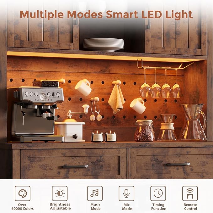 72" Coffee Bar Cabinet with Power Outlet & LED Light, Farmhouse Large Kitchen Hutch with Sliding Barn Door, Tall Bar Cabinets with Storage Drawers & Wine Glass Rack,Pantry China Cabinet,Vintage Brown