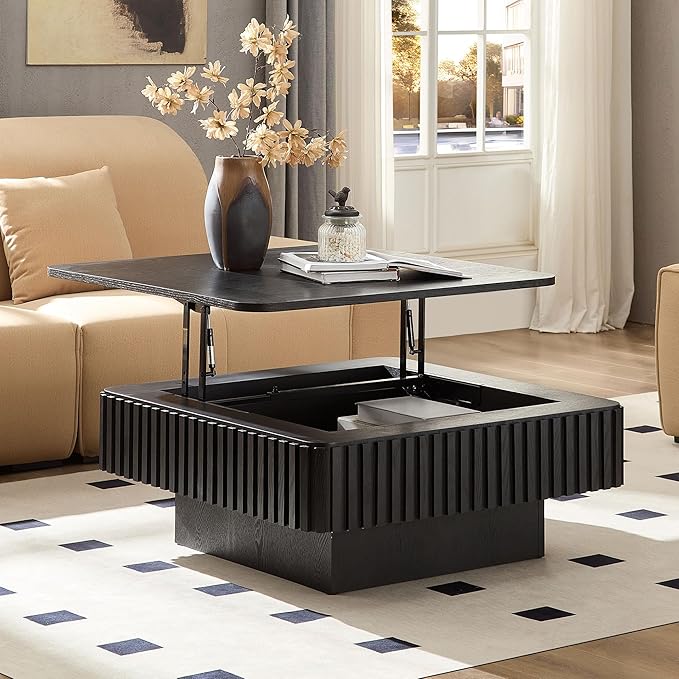 KEVINSPACE Lift Top Coffee Table Square Coffee Tables for Living Room Furniture Small CoffeeTable with Large Hidden Storage Center Table Mid Century ModernTable Rustic Black 35.43" W x14.57-24.5" H
