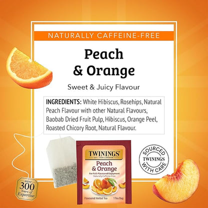 Twinings Peach & Orange Herbal Tea Individually Wrapped Bags, 20 Count (Pack of 1), Juicy & Fruity, Naturally Caffeine-Free, Enjoy Hot or Iced, 20 Teabags