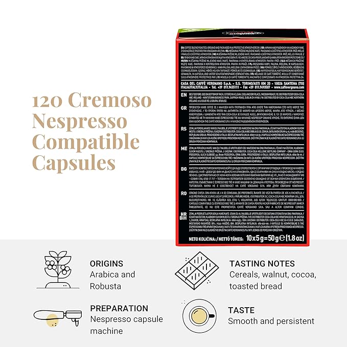 Caffe' Vergnano Medium Roast Espresso Original Line Machine Compatible Capsules - Arabica Robusta Espresso Coffee, Italian Coffee Espresso For Nespresso Coffee Machine, Intensity 6/10 - Cremoso,120 Ct