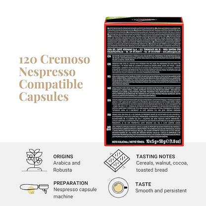 Caffe' Vergnano Medium Roast Espresso Original Line Machine Compatible Capsules - Arabica Robusta Espresso Coffee, Italian Coffee Espresso For Nespresso Coffee Machine, Intensity 6/10 - Cremoso,120 Ct
