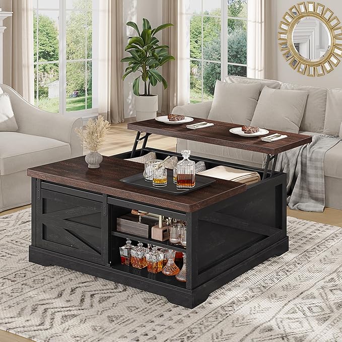 Itaar 39.4'' Lift Top Coffee Table with Storage, Farmhouse Coffee Tables for Living Room, Square Coffee Table with Large Hidden Compartment & 2 Drawers & Adjustable Shelves, Black