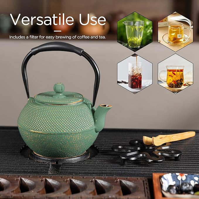 Cast iron Teapot, Tea Kettle for Stovetop Safe with Stainless Steel Infuser, Japanese Hand-made Tea Pot Coated with Enameled Interior for 42oz, 1200ml Green
