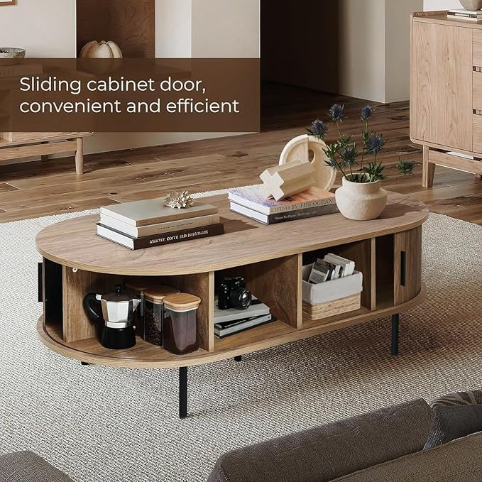 LuxenHome Oval Coffee Table with Storage, 47" Mid Century Modern Fluted Coffee Tables for Living Room, Wooden Sliding Door Boho Storage Center Table for Home, Office