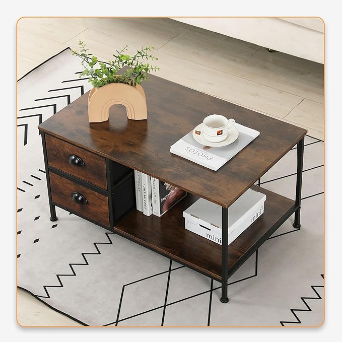 SENIG Coffee Table with Drawers, Coffee Table for Living Room, 2-Tier Coffee Tables with Storage Drawers，Brown Coffee Tables for Small Spaces, Rectangle Wood Ttable, Metal Side End Table
