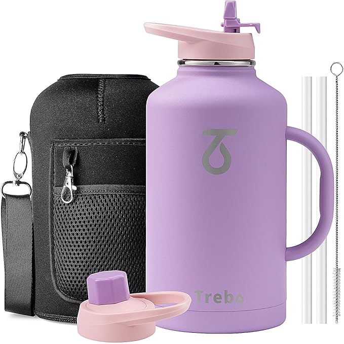 Trebo Water Bottle Insulated 64 oz with Handle,Half Gallon Double Wall Vacuum Stainless Steel Metal Large Jug with Handle, Wide Mouth Flask Mug with Carry Pouch, Keep Ice Cold 48hrs, Purple