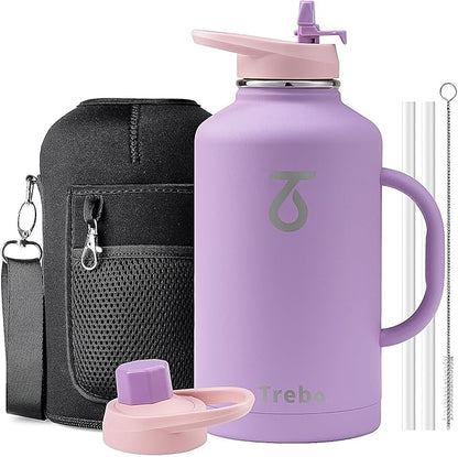 Trebo Water Bottle Insulated 64 oz with Handle,Half Gallon Double Wall Vacuum Stainless Steel Metal Large Jug with Handle, Wide Mouth Flask Mug with Carry Pouch, Keep Ice Cold 48hrs, Purple
