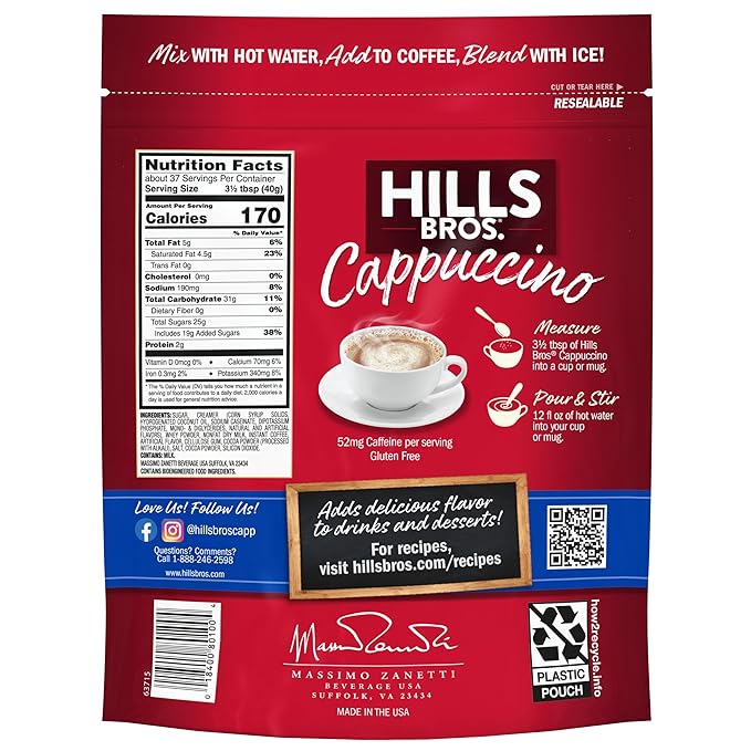 Hills Bros. Cappuccino Mix – Rich, Frothy Coffeehouse-Tasting Instant Drink Mix – Quick and Easy Preparation – Perfect for Hot & Iced Drinks & Creaming Coffee – French Vanilla, 1 Pack of 52oz