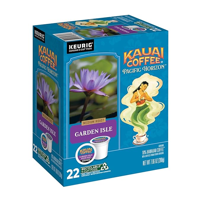 Kauai Coffee K-Cup Pods for Keurig Brewers – Arabica Coffee, 10% Hawaiian – Medium Roast, Bright Aroma With Light Floral Notes – Garden Isle, 1 Pack of 22 Single Serve K-Cups