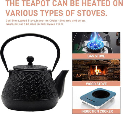 20.3oz Small Cast Iron Teapot, SECHUDO Tea Kettle for Stovetop Safe Coated with Enameled Interior, Japanese Style Tea Pot with Stainless Steel Infuser for Loose Tea (Black Gerbera Pattern)